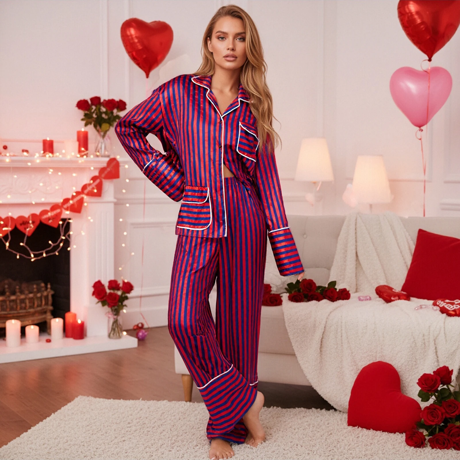 Combhasaki المرأة مخطط الحرير الحرير فضفاض منامة زر أسفل التلبيب الخامس الرقبة طويلة الأكمام بلوزات وسراويل المتسكعون 2 قطعة Pjs مجموعة