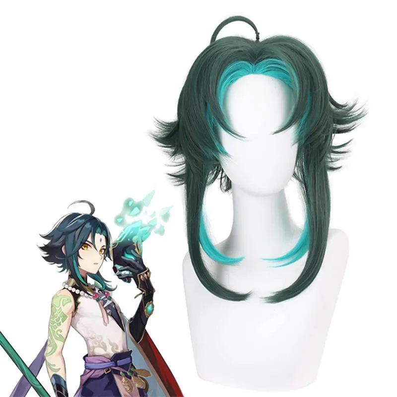 Anime 45cm Genshin Impact Xiao Wig Cosplay Dark Green  Short Straight Heat Resistant Hair Adult Women Halloween