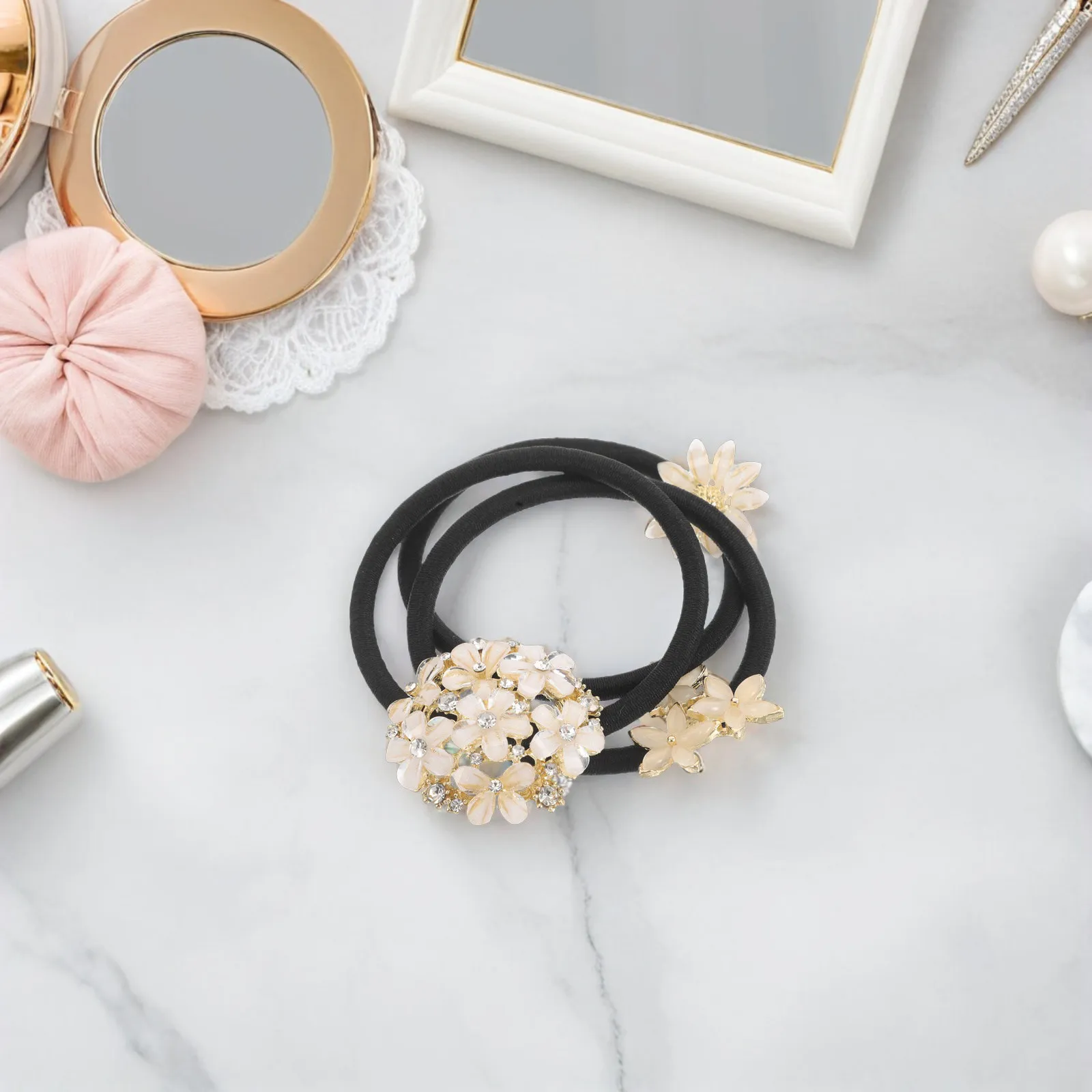 3Pcs Fancy Floral Hair Bands Rhinestone Embellished Daisy Five-Petal Flowers Soft Stretch Elastic for Women Daily Outfits