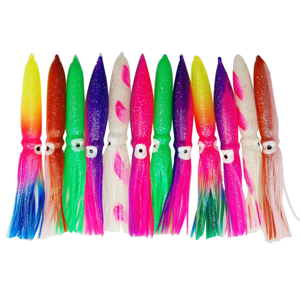 12Pcs Fishing Lures Squid Skirts Octopus Lures Soft Plastic Trolling Skirt bait Saltwater Fishing Bait for Bass Trout 12/15/18CM