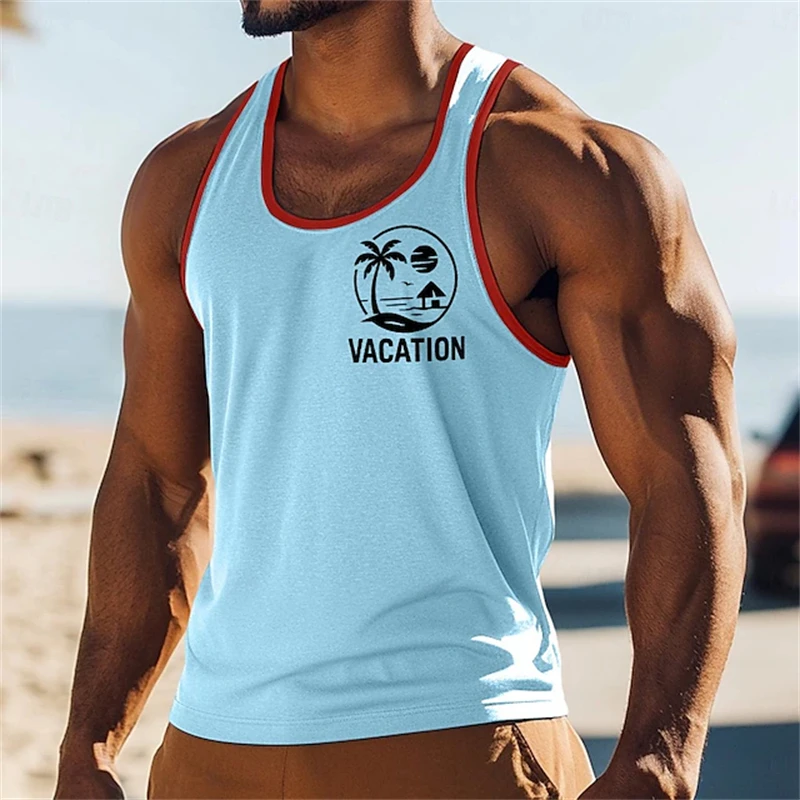 2026 New Men's Casual and Fashionable Summer Tank Top Loose-Fitting Breathable Round-Neck Tank Top with 3D Beach Print
