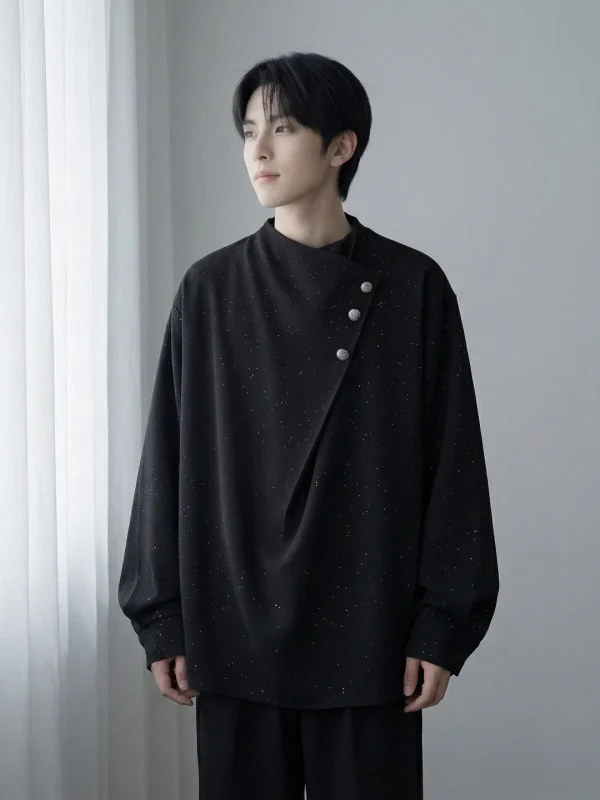 

Trendy Chinese Sle irt for Men Haome Loose Fit Long Sve Faionable Spring Autumn Square Collar Polyester Fiber