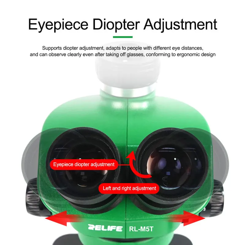 RELIFE RL-M5T-2L microscopio Stereo trinoculare HD 0.7-5.0X Zoom continuo messa a fuoco saldatura di rilavorazione di riparazione PCB Simul-focale