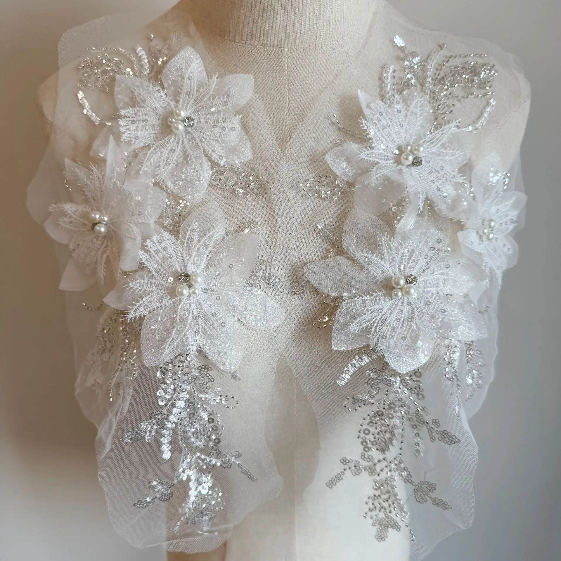 Beaded white embroidered lace patch