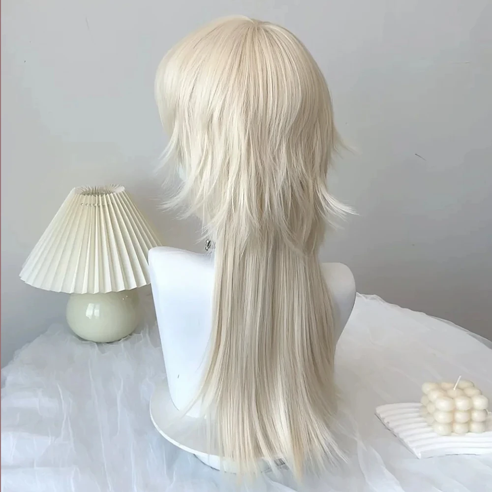 Blonde Mullet Head Wig Synthetic Long Straight Fluffy Lolita Cosplay  Heat Resistant Wig Daily Party