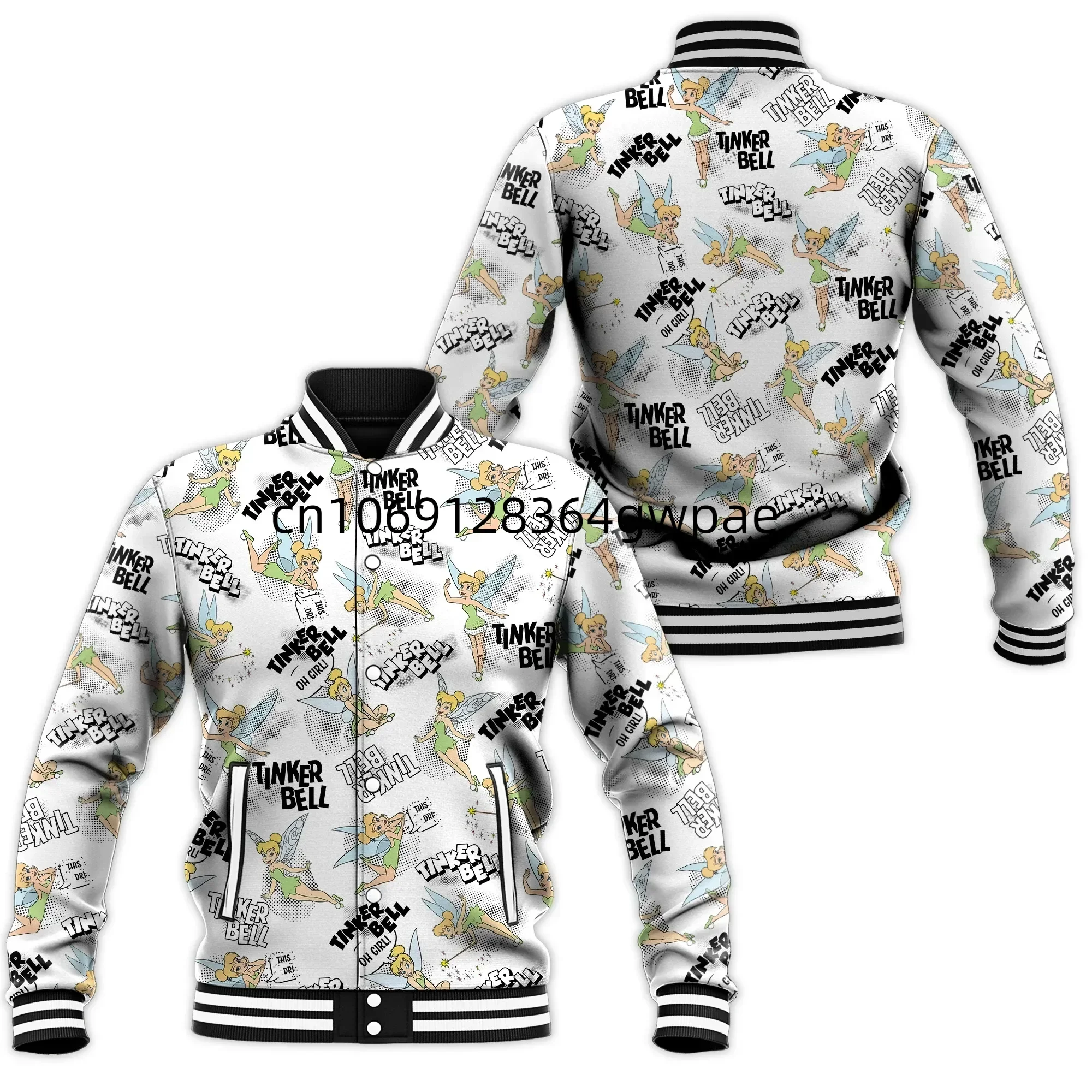 Disney Tinkerbell Baseball Jacket Men's Women's Casual Sweatshirt Hip Hop Harajuku Jacket Streetwear Loose Varsity Coat Hoodie