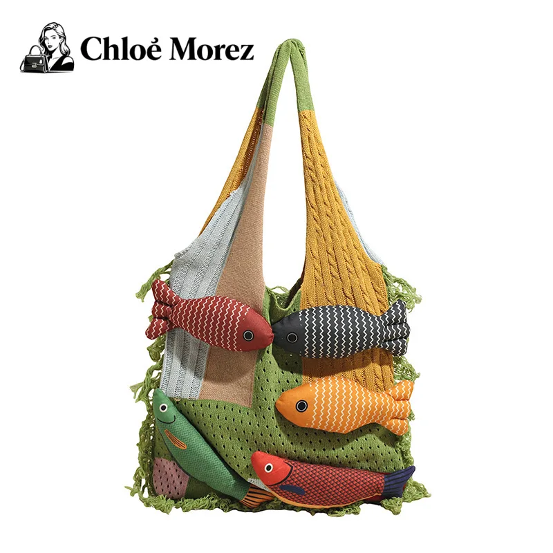 

Knitted Bag, Women's Commuting Bag, Large Capacity, Cute Small Fish Splicing Bucket Bag