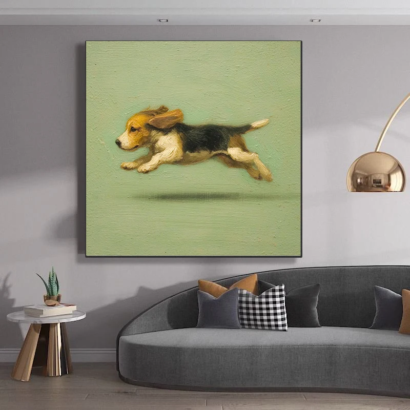Cute Beagle Corgi Dachshund Dog Running Canvas Painting Print Playful Dog Poster Wall Art Rustic Farmhouse Home Decor Cuadros