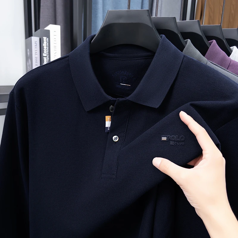 

Весенне-осенняя мужская футболка из чистого хлопка с длинными рукавами и карманами с лацканами, рубашка-поло, повседневный дышащий свободный топ среднего возраста