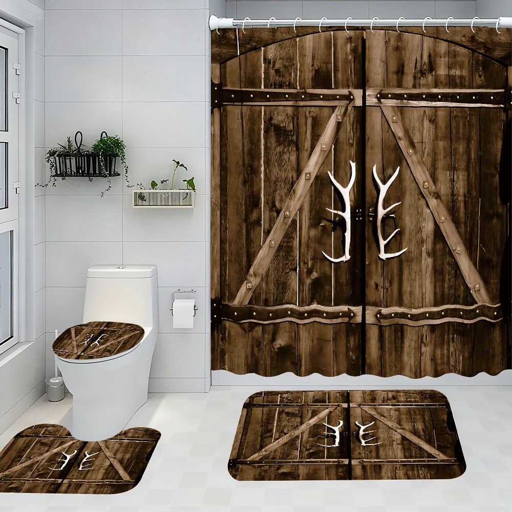 

4pc wooden door shower curtain, two-dimensional flat printing. Bathroom partition curtains, home decoration, modern home Windows
