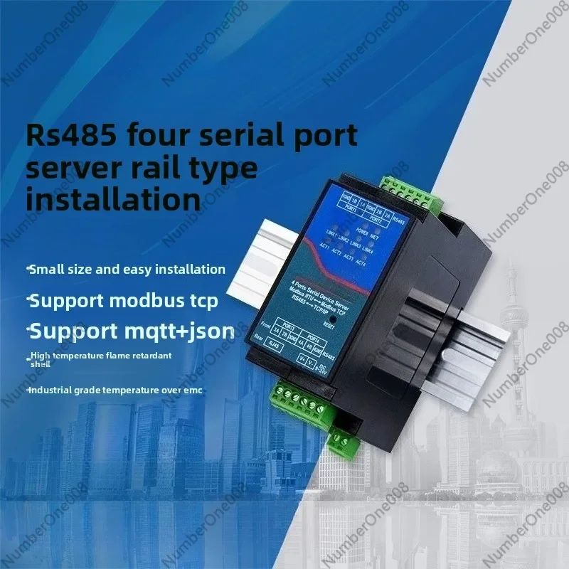 4-Port RS485 To Ethernet Gateway, Quad Serial Server Modbus MQTT Gateway with JSON Edge Computing, DIN-Rail Industrial view 2