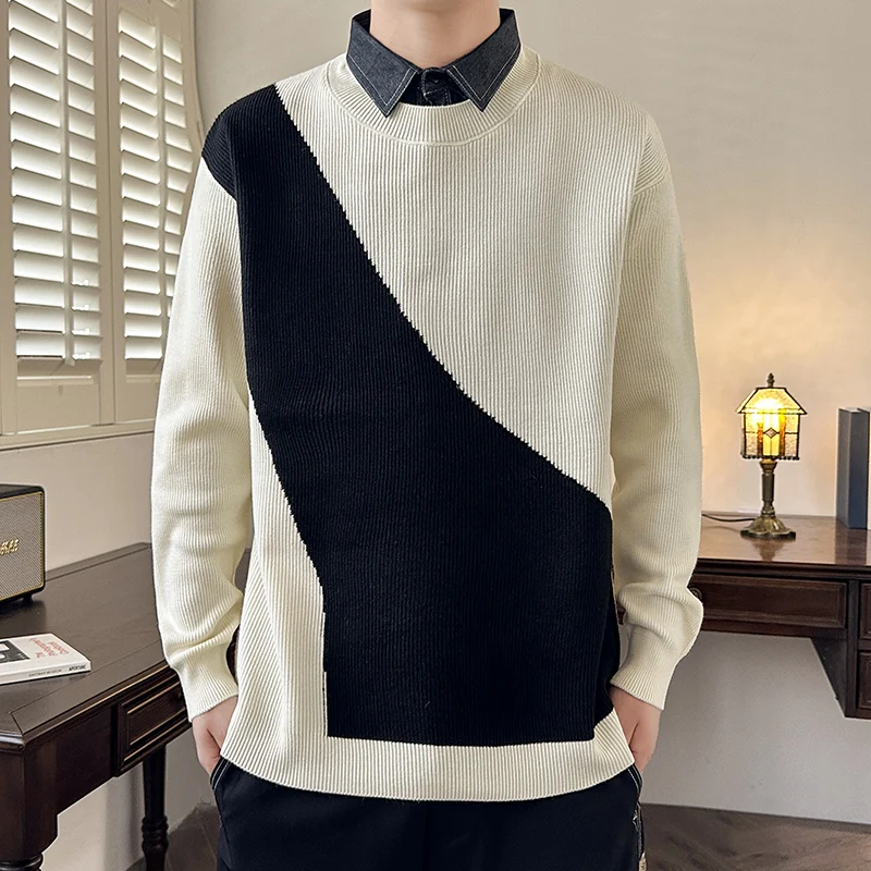 

Теплый вязаный свитер с воротником для мужчин: повседневный молодежный модный утепленный зимний свитер с длинным рукавом из смеси полиэстера и нейлона, комфортный крой