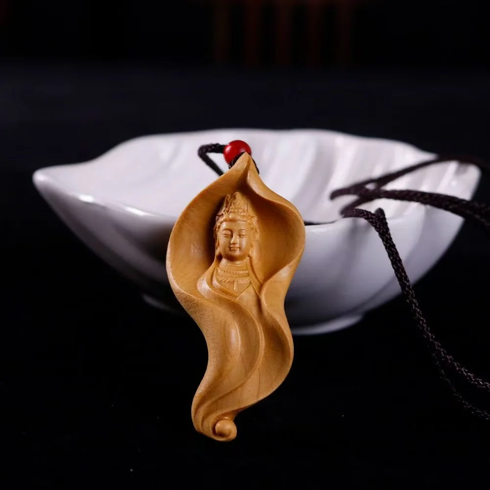 Hand Carved Cypress Guanyin Pendant, Lotus Leaf Shape Statue, Feng Shui Protection Charm for Car Mirror & Office,Wood Buddha