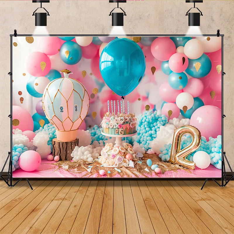 

Happy Birthday Photography Background Number Pink Bear doll Hydrogen balloon Floral Baby Party Backdrops -SR240701