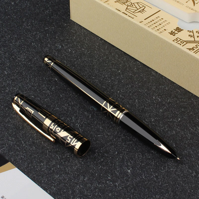 Imagem -03 - Herói 100 14k Gold Nib Totalmente Metal Dynasty Series Qin Fine Nib 0.5 mm Fountain Pen Preto Autêntico & Golden Writing Gift Set