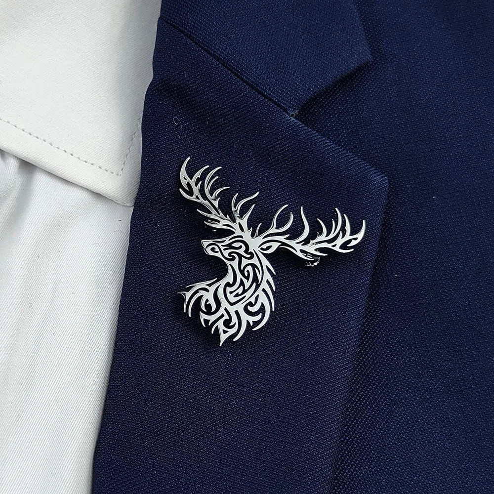 

Fashionable stainless steel elk head silhouette brooch, decorative men's shirt lapel pin, party first choice badge