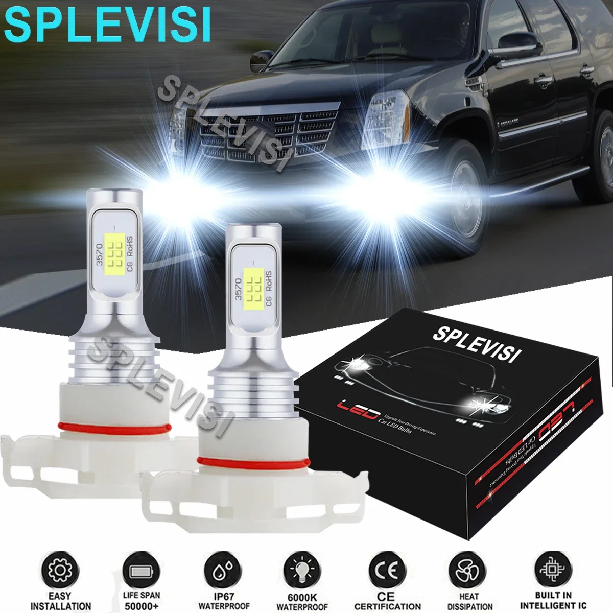 2PCS Car LED Fog Light Bulbs 6000K White Kit For Jeep Wrangler 2010-2020 Mitsubishi Lancer 2008-2017 Cadillac Escalade 2007-2014