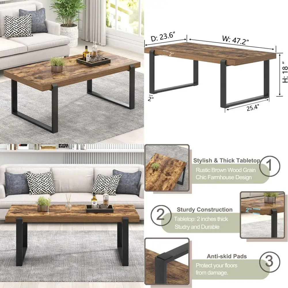 

Modern Rustic Wood and Metal Rectangle Coffee Table, Industrial Style Center Table for Living Room, Brown