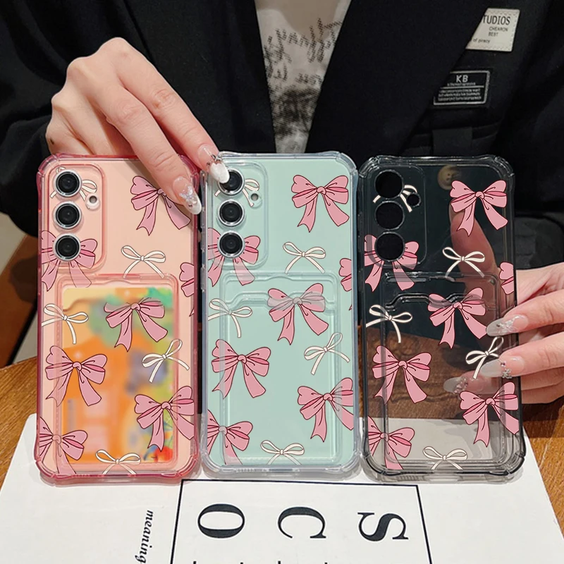 حافظة جيب للبطاقات لهاتف سامسونج جالاكسي S25 Edge S24 Ultra Plus S23 S24 FE S22 A56 A55 A36 A26 A16 5G A35 A25 A15 ربطة القوس فيونكة غطاء من البولي يوريثان