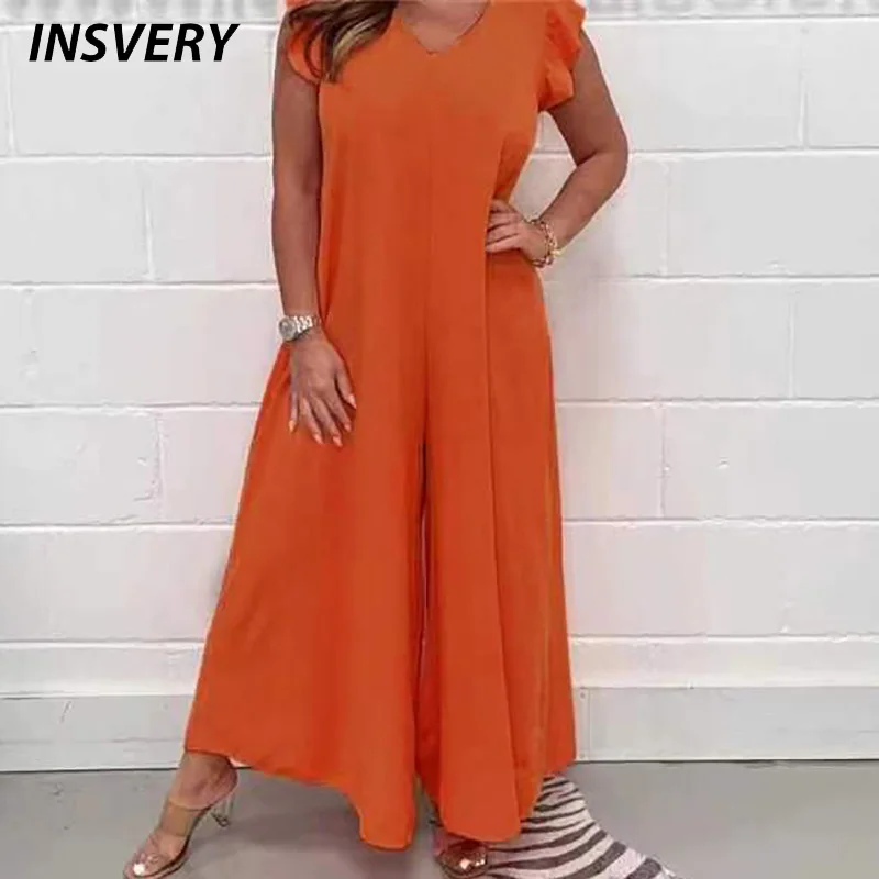 

Summer Jumpsuits For Women Casual V Neck Ruffle Short Sleeve Long Pants Jumpsuit Women Fashion Loose Rompers