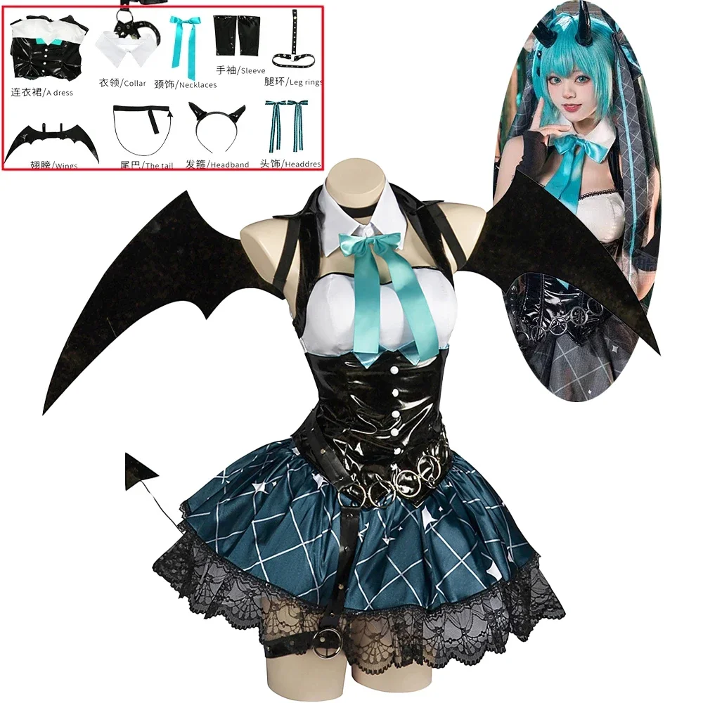 2025 Sexy Demon Miku Cosplay Costumes Anime Devil Hatsune Cosplay Uniform Dress Wigs Wings Suit With Horns Tail Halloween Party