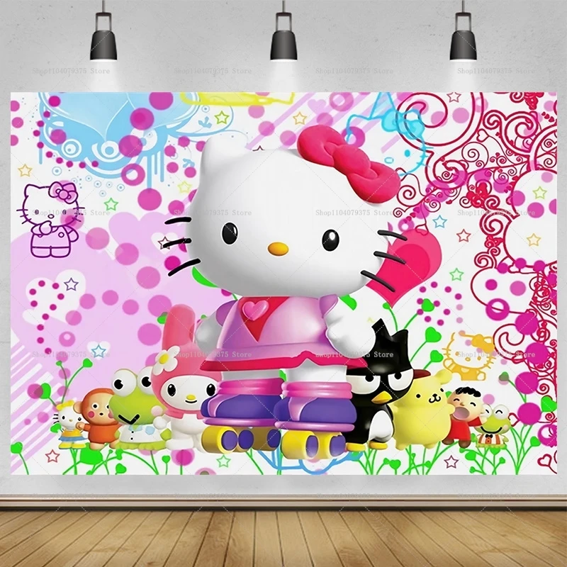 Fondo de fotografía para fiesta de cumpleaños con tema rosa de Hello Kitty, pancarta adecuada para niños y niñas, accesorios para fotomatón de fiesta