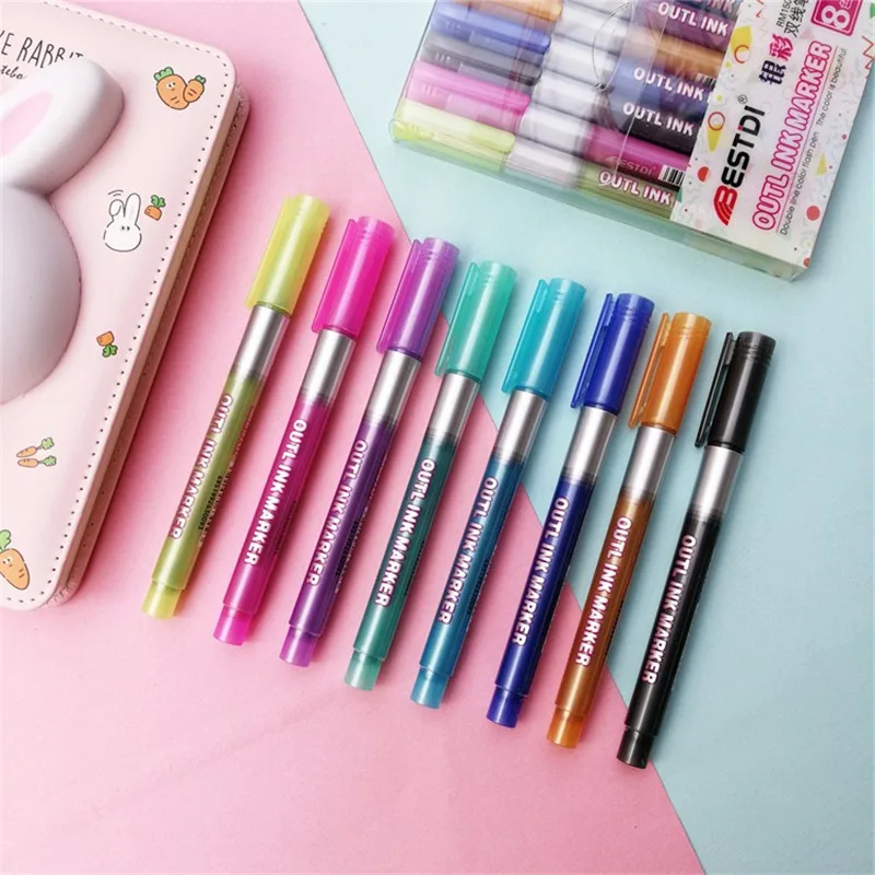 하이라이트 마커 펜, 이중 선 윤곽 펜, 8 색 셀프 윤곽 반짝이 쓰기 드로잉 펜, 카드용