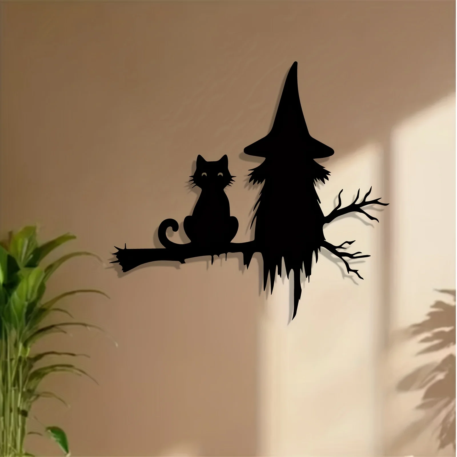 Witch And Cat Silhouette Metal Wall Art, Weather‑Resistant Halloween Iron Mural, Living Room