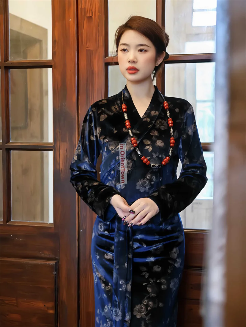 سيدة كلاريت فستان التبت الأحمر الأصلي لاسا النساء بولا الملابس الصينية العرقية الأقلية Xizang فتاة ثوب رداء في OrientTown TP024 #4