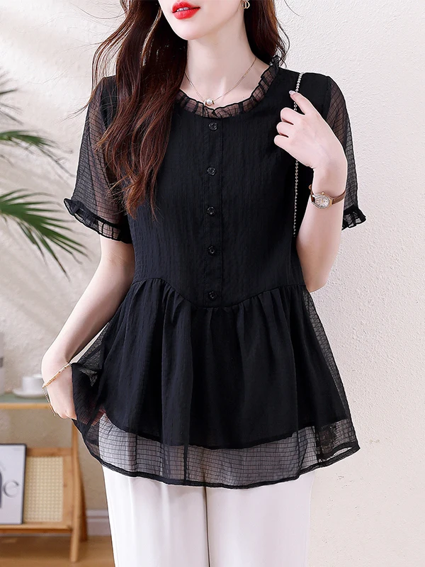

Black Chiffon Shirt Women's Short Sleeve Summer New Fashion Elegant Top Loose Belly Covering Skirt Style Women's Casual Shirt