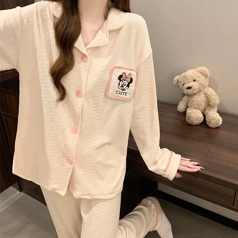 Disney Minnie autumn and winter island fleece warm long-sleeved women's pajamas cute cartoon lapel cardigan loungewear set