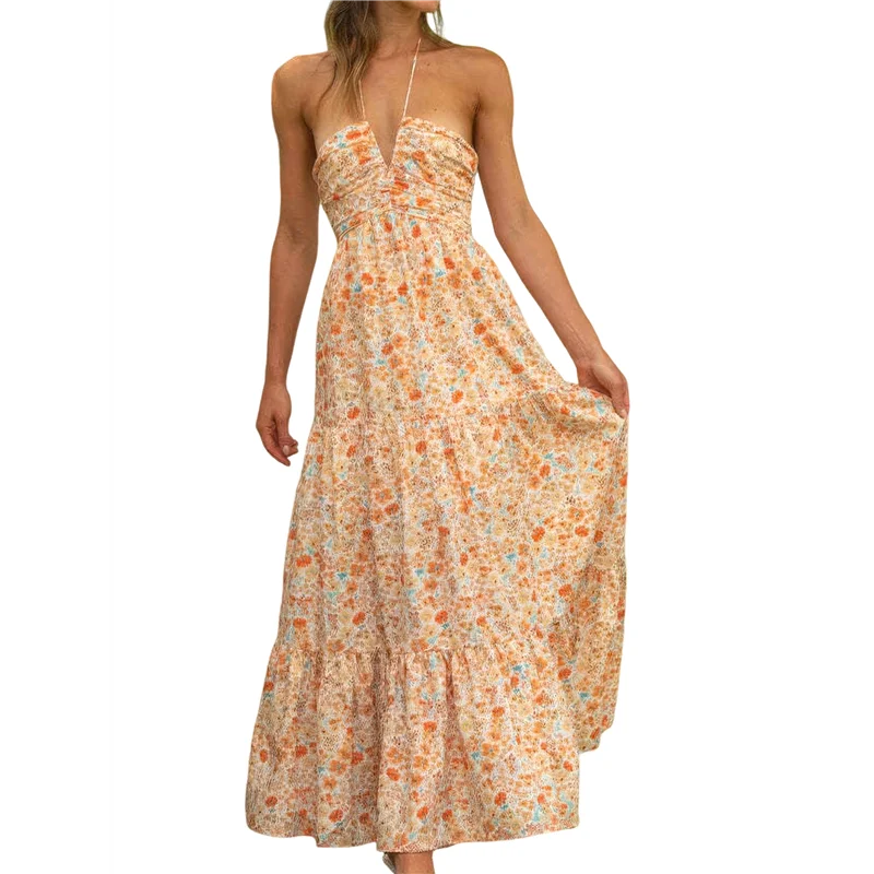 【SEE】 Vestido feminino sem mangas maxi sem costas com babado bainha em camadas vestido longo fluido verão vestido de verão de corte baixo