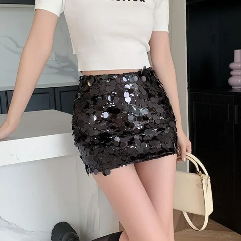ハイウエストタイトな女性用スカート、ギャルスカート、ミニ丈ラップショートスパンコール、韓国風ストリートウェアファッション、シックでエレガントなV