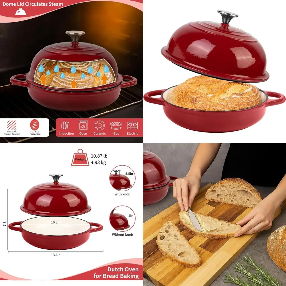 

Enameled Cast Iron Bread Dutch Oven, 5.4 Qt, 25 cm Red, Oven-Safe to 500°F, Ideal for Sourdough Baking