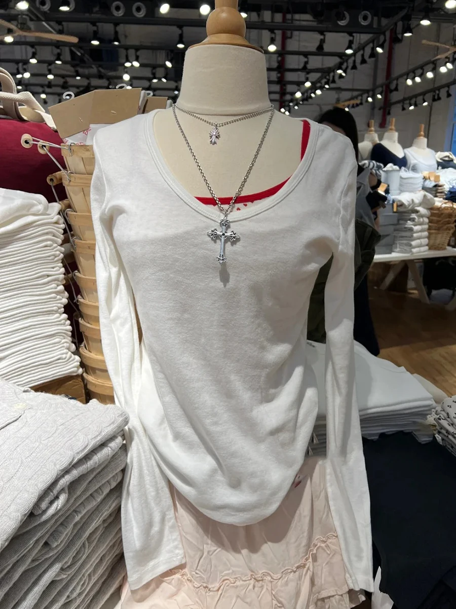 White V-neck Cotton Long Sleeve Tees Women Spring New Soft Basic Casual SlimTops Clothes Preppy Style Sweet Simple T-shirts