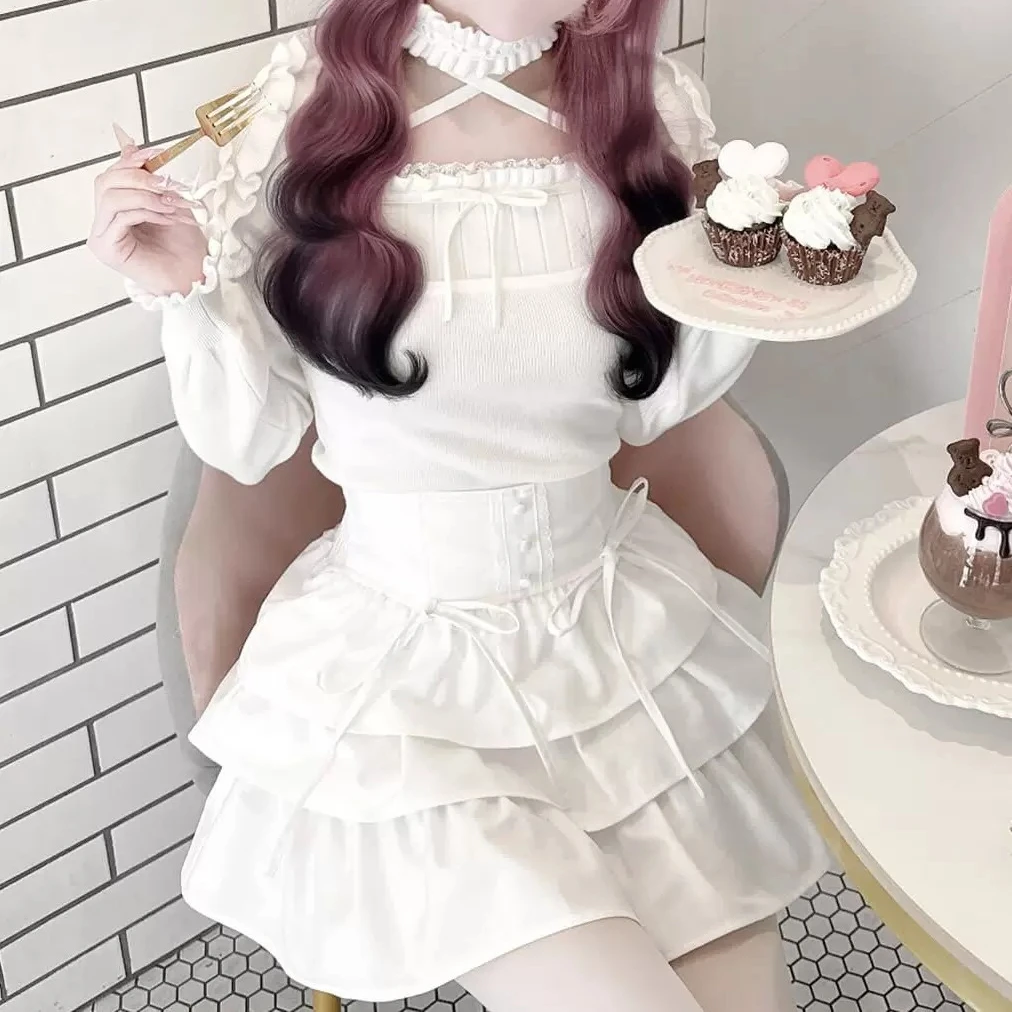 Lolita Cake Skirt High-waisted Corset-style Waistband with Decorative Buttons and Lace Trim Bow Lace Splicing Skirt Culottes