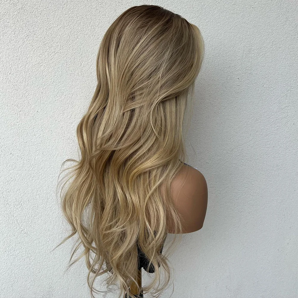 Loira dourada macia com raízes marrom claro destaca peruca 30% mistura de cabelo humano peruca dianteira do laço para senhoras festa capina wear & go