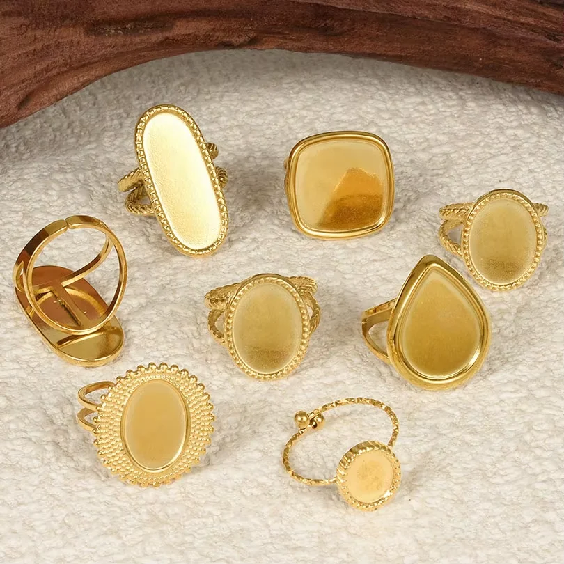 6Pcs Brief Geometry Long Ellipse Water Droplet Stainless Steel Ring Opening Adjustable Rings For Women Men Jewelry Party Gift