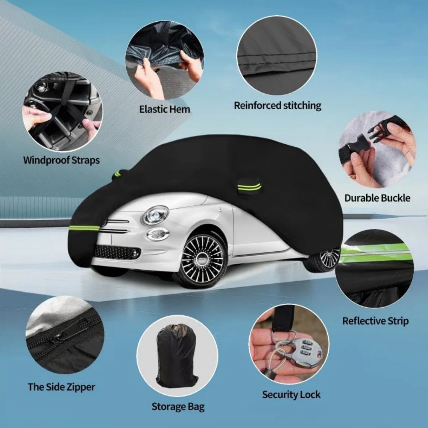 For 2007-2023 2008 Fiat 500/500C/500E Abarth/New Fiat 500 (Black) Waterproof Car Cover 210T Custom Outdoor Protection Storm Hood