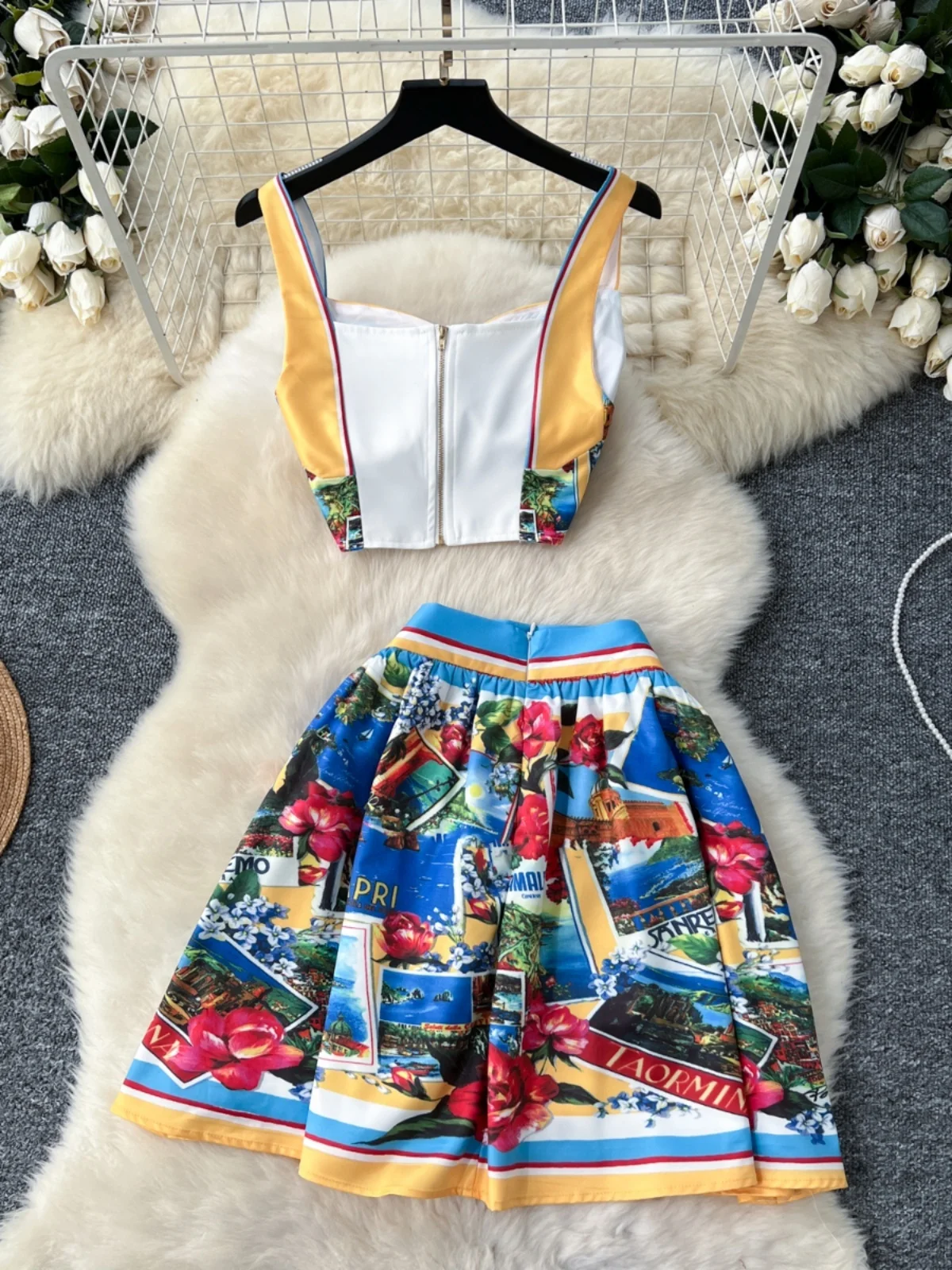 Fashion Summer Holiday Sexy Crop Tops And Mini Short Skirts 2pcs Outfits Women\'s Flower Print Two Piece Sets