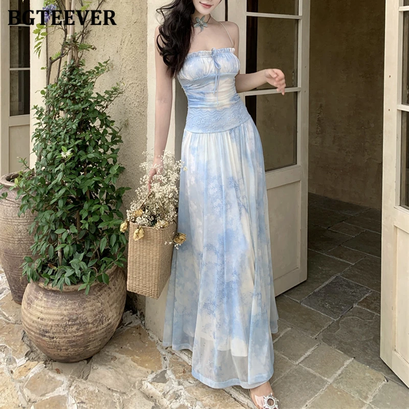 

BGTEEVER Elegant Spaghetti Strap Lace-up Female A-line Printed Dress Summer Fashion Slim Waist Floral Mid-Length Dress for Women