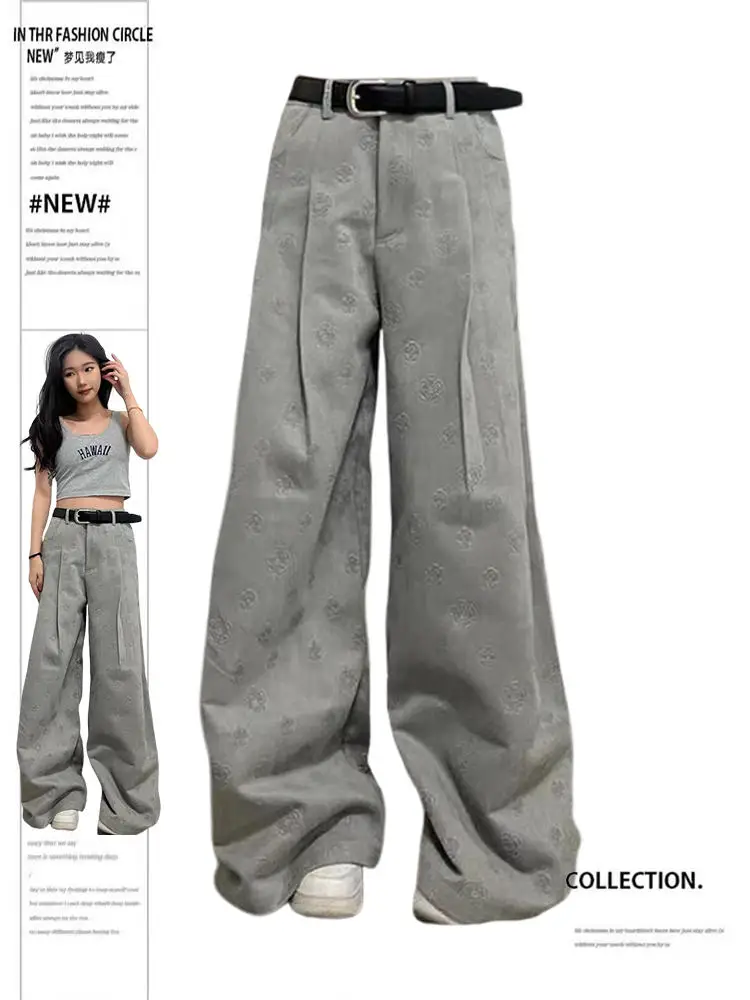 

Women Korean Stylish Vintage 2000s Aesthetic Wide Leg Pants Baggy Pantalones Jacquard Long Trousers Trashy Y2k Japanese Design