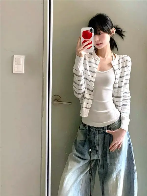 HOUZHOU Women Striped Knit Cardigan Round Neck Long Sleeve Button Slim Fit Knitwear Female Casual Cropped Sweater Outerwear Tops