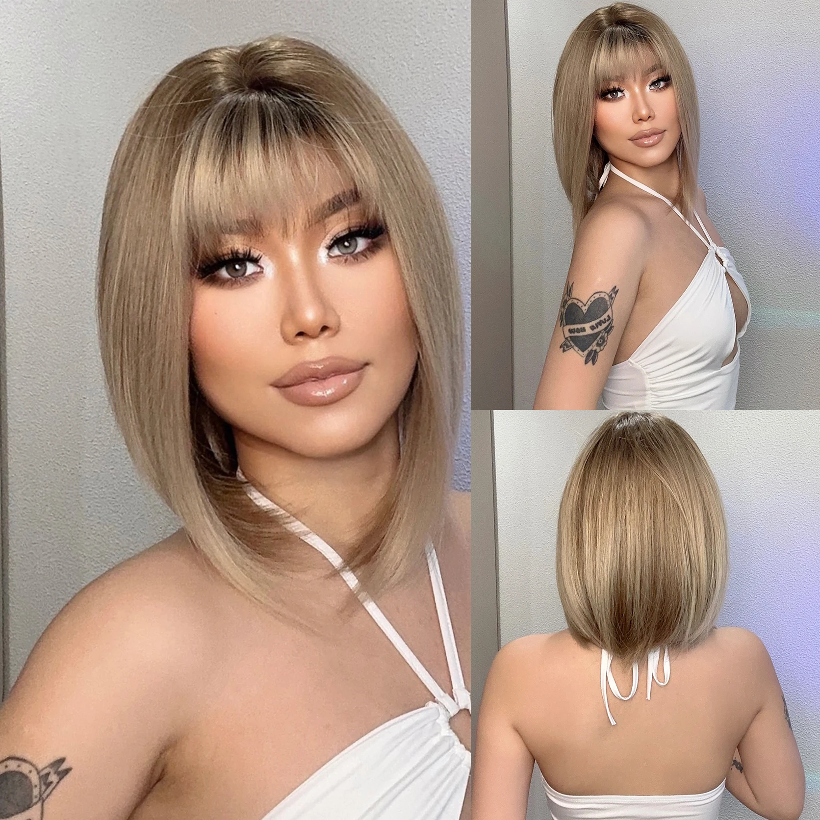 Short Straight Bob Blonde Ombre Synthetic Wig with Bangs for Women Cosplay Party Batural Hair High Temperature Wigs