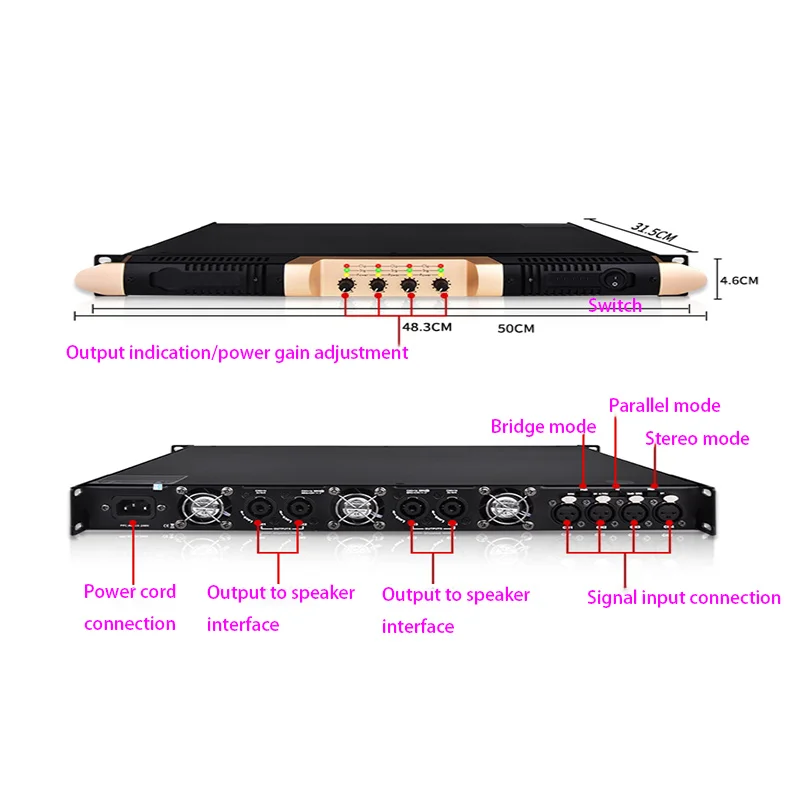 Professional post-stage digital power amplifier two or four channel 1U stage performance hifi fever conference home theater ampl