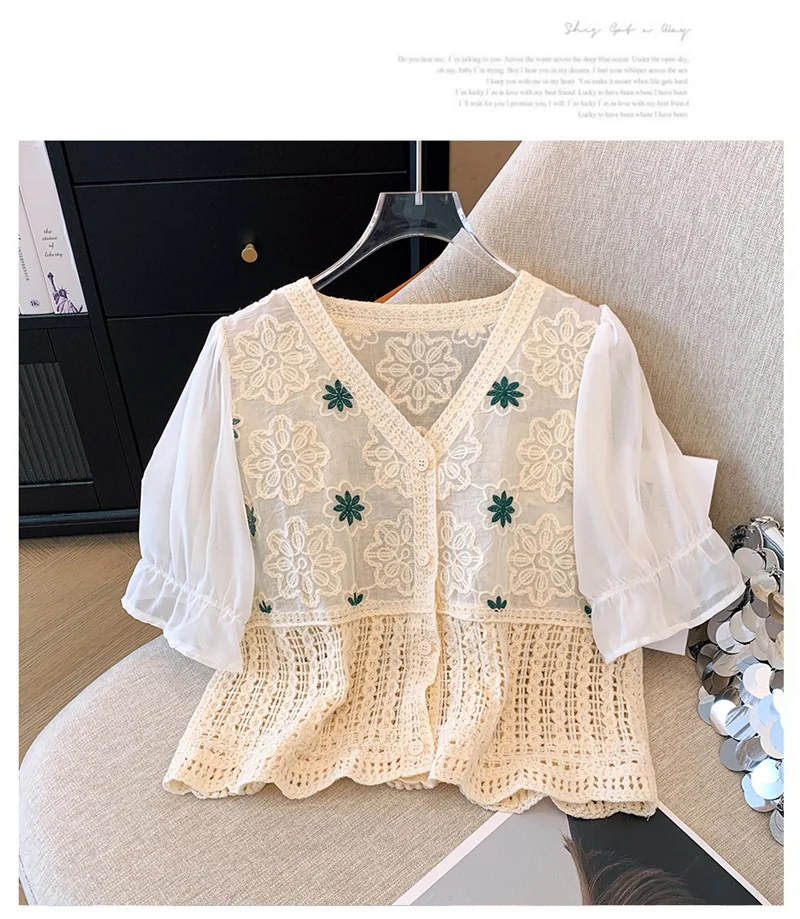 Camisa de Chiffon Crochet feminino, Patchwork malha, manga curta, Top cortado