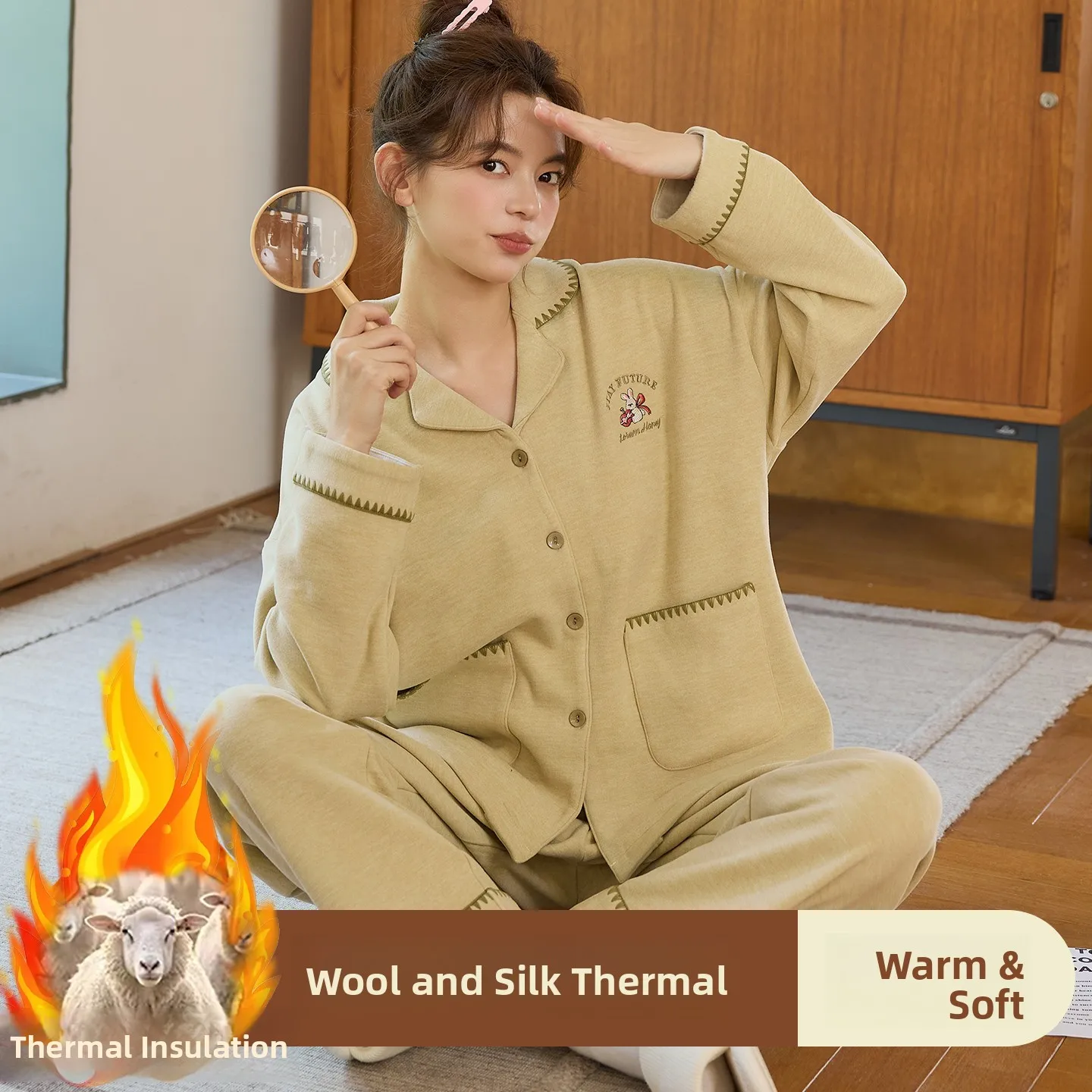 Double-Sided Fleece Ladies' Long Sleeve Sleepwear Winter Warm Home Clothes Cartoon Rabbit Design Wool Silk Cardigan Style