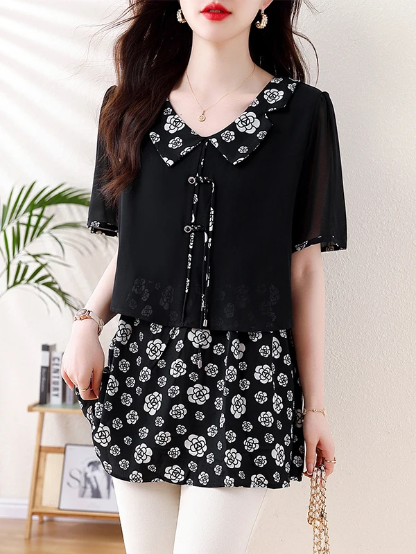 Été 2025 grande taille femmes col de poupée irt minceur rétro bouton épissage en mousseline de soie Anti-âge haut coréen Sle coupe ample