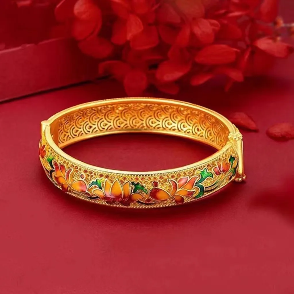 High quality pure gold 999 enamel lotus bracelet AU750 buckle lotus bracelet ethnic trend retro hand jewelry real gold bracelet