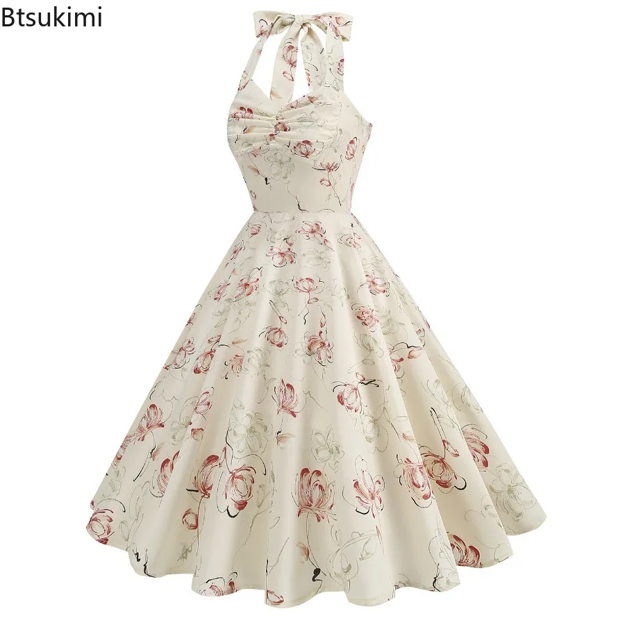 Nouveau 2025 femmes Vintage licou robe Rose fleur damier élégant balançoire robe Rockabilly Cocktail thé robe de soirée pour les femmes